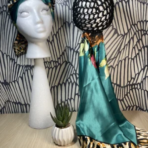 2 in 1 Hairnet Scarf - Aqua Green/Leopard