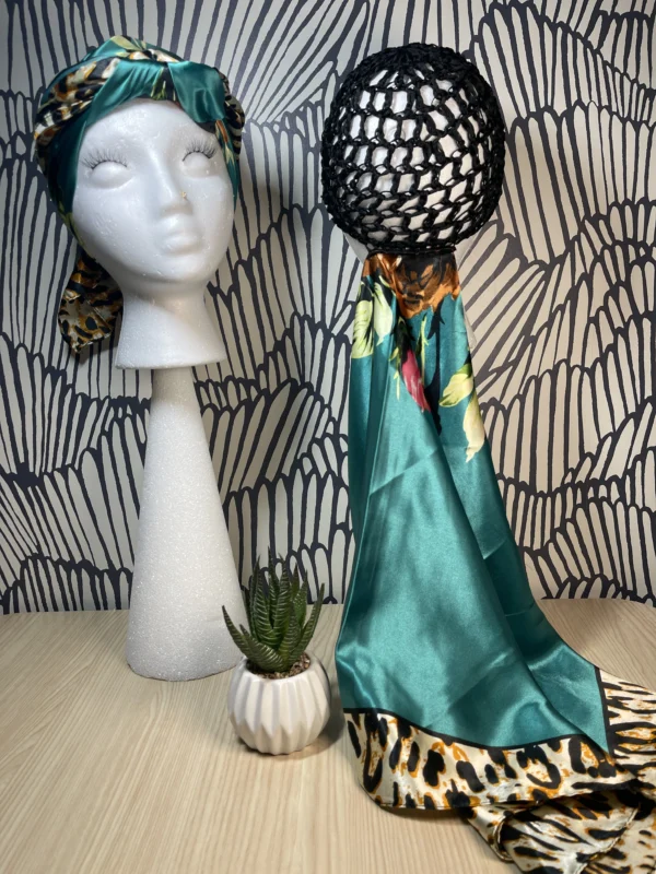 2 in 1 Hairnet Scarf - Aqua Green/Leopard