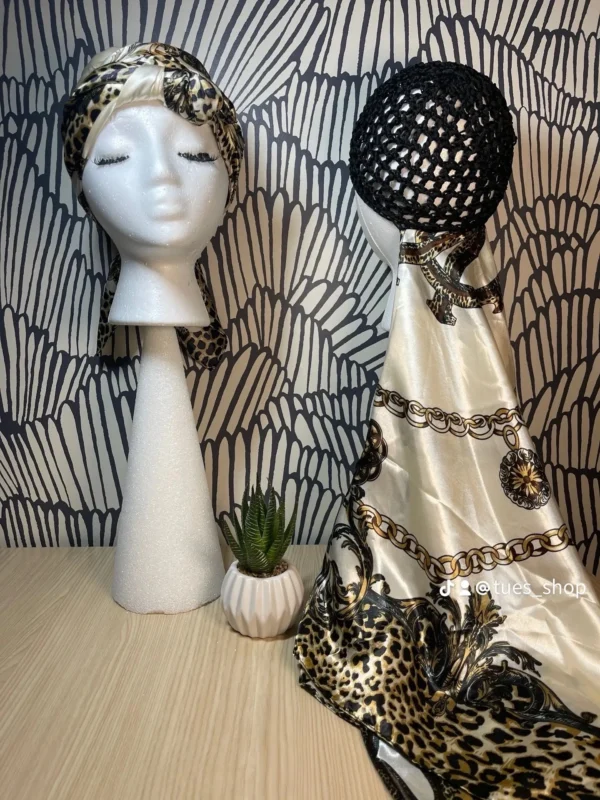 2 in 1 Hairnet Scarf - Cream/Leopard